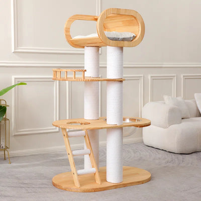 63'' Tall Modern Cat Tree Tower,Luxury Wood Cat Tree for Indoor Cats Large Adults,Heavy Duty Cat Tower with Sisal Scratching Posts,Multi-Level Cat Furniture with Cushion,Clear Bowl for Maine Cats